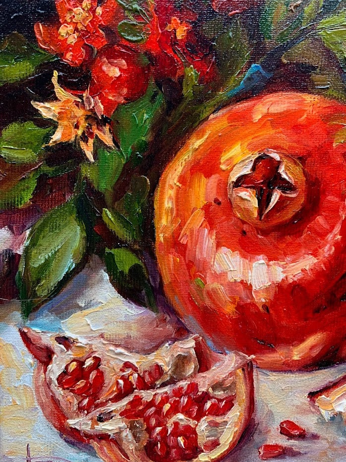 ザクロの油絵：鮮やかな小さなキャンバスアート（8x12インチ） - Etsy 日本