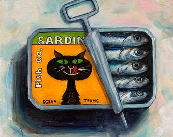 Fischmalerei Sardinenfischmalerei Meerestiere Malerei Sardinenbild Fischmalerei Küchenkunst 20x20cm Original Ölgemälde Küche
