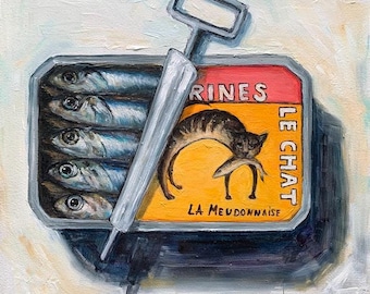 Sardine Ölgemälde, Meeresküche Küchenkunst, 8 x 8 zoll Original Leinwand Wandkunst