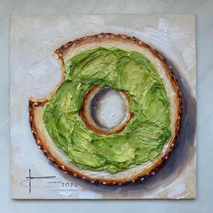 Bagel painting Impasto painting Original oil paining Avocado painting art Breakfast painting