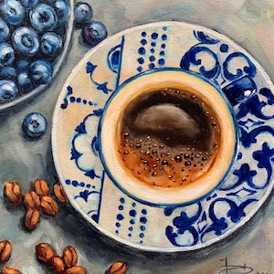Taza de café y arándanos Arte de cocina Café de la mañana Regalo para ella Regalo para él Pintura al óleo original Arte de barra de café 8x8 inc