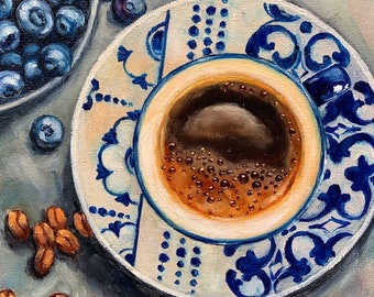Coffee and Blueberries Oil Painting, Kitchen Art, 8x8