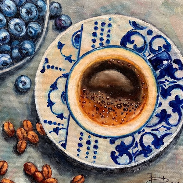 Café et myrtilles, tasse de café, art du café du matin, cadeau pour les amateurs d'illustrations d'art, peinture à l'huile impressionniste originale