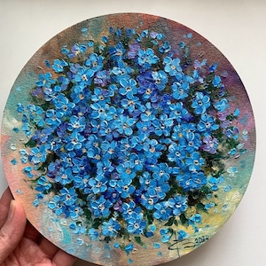 Forget me not forget-me-not flowers, forget-me-not painting, Round picture, Gift for her, Wall Art, Blue flowers, Flowers oil painting