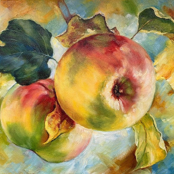 Pommes peignant l’art de la pomme Nature morte Peinture art de cuisine Toile art Pommes sur une branche Pommes au soleil Cadeau pour elle