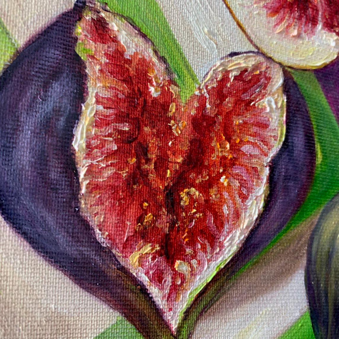 イチジクの油絵：オリジナルのフルーツ静物画、キッチンの壁アート