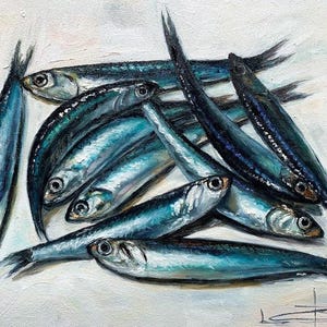 Arte de sardina pintura original Sardinas bodegón pintura al óleo miniatura cocina campestre francesa arte 7x9