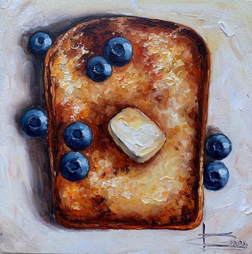 インパスト油絵：バタートーストの静物画、キッチンの壁アート 6x6