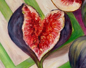 イチジクの油絵：オリジナルのフルーツ静物画、キッチンの壁アート