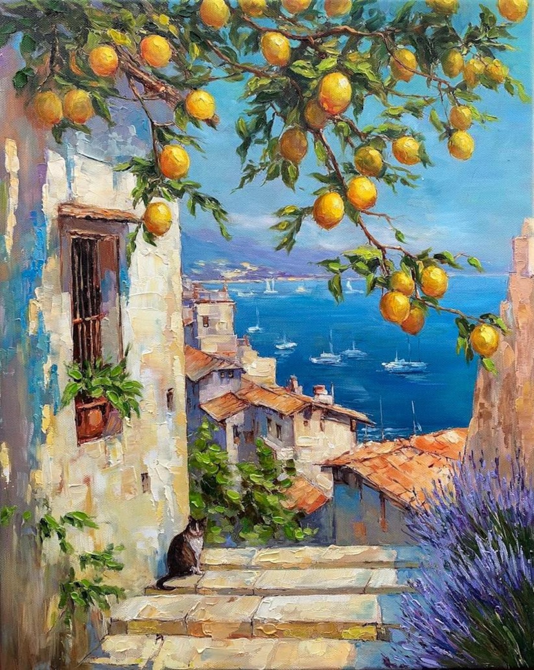 ORIGNIAL Enrico Varriale 夏のアマルフィー港　油彩 ORIGNIAL Enrico Varriale 夏のアマルフィー港 油彩 ORIGNIAL Enrico