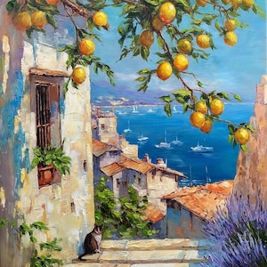 Amalfi Coast Lemon Tree Oil Painting: Italian Seascape Wall Art