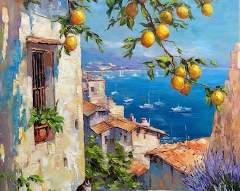 Amalfi Coast Lemon Tree Oil Painting: Italian Seascape Wall Art