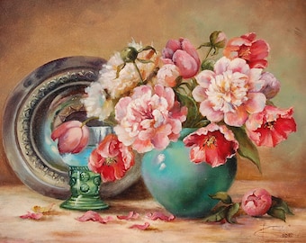 Peonies and Tulips Oil Painting: Floral Still Life Canvas Art