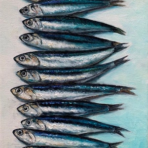 Sardine art original painting Sardines still life oil painting miniature French country kitchen art 8х12