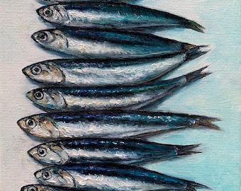 Original Sardine Oil Painting: Seafood Still Life Kitchen Art (8x12 inches)