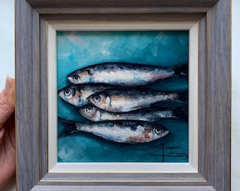 Fiskmålning Skaldjursmålning Sardinkonst Matmålning Fransk kökskonst Original oljemålning Stilleben, Fransk köksdekor (6x6)