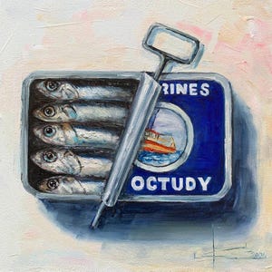Sardine art original painting Sardines still life Ocean oil painting Oil painting miniature French country kitchen art Porthos Sardines 8x8