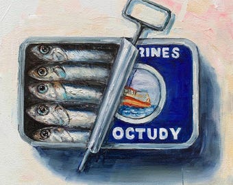 Sardine Kunst: Original Ölgemälde Stillleben - 200x200 Französische Küche Dekor
