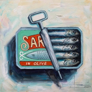 Sardine art original painting Sardines still life Ocean oil painting Oil painting miniature French country kitchen art Porthos Sardines 8x8