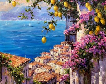 Amalfi Coast Lemon Tree Oil Painting: Italian Seascape Wall Art