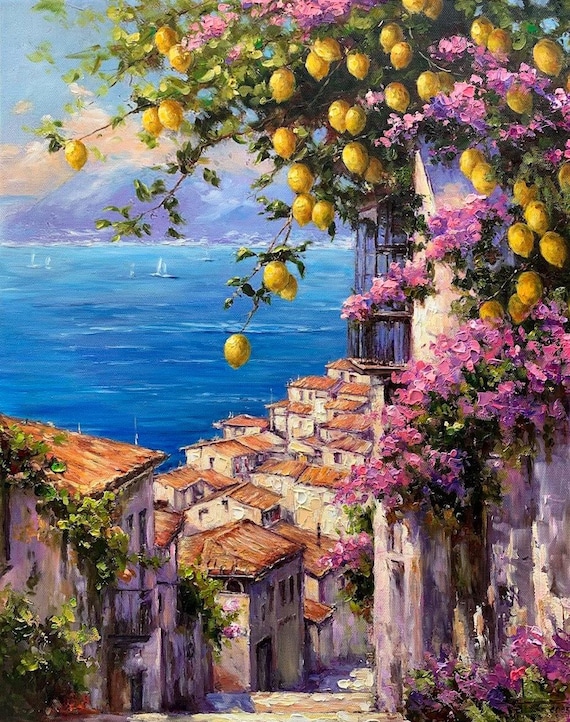 Amalfi Coast Lemon Tree Oil Painting: Italian Seascape Wall Art