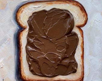 May include: An oil painting depicting a slice of bread, with a thick layer of chocolate spread. The bread has a golden-brown crust and a creamy white interior. The chocolate spread is a rich, dark brown colour.