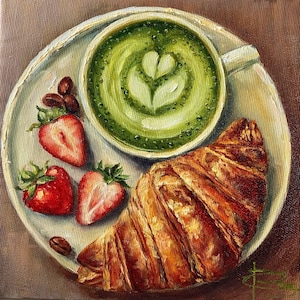 Cup of coffee, croissant, morning coffee, Matcha Latte Art illustration, lovers gift, Original impressionistic, Oil painting original