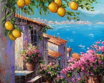 Amalfi Coast Lemon Tree Oil Painting: Italian Seascape Wall Art