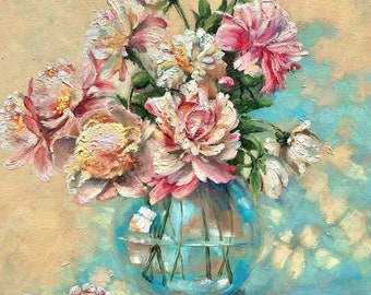 Original Oil Painting: Peonies in Blue Vase - Floral Still Life