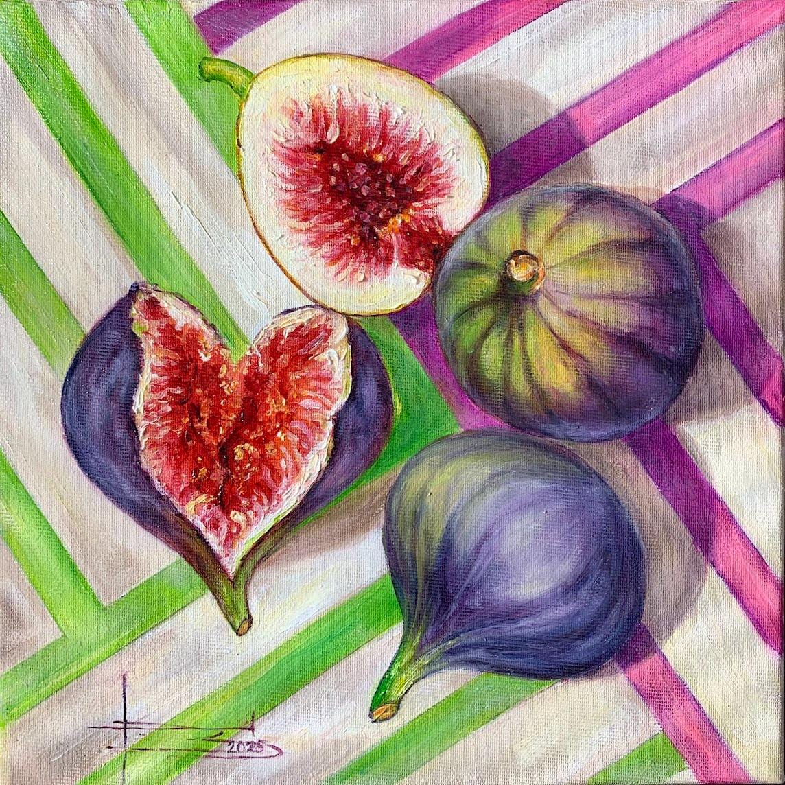 イチジクの油絵：オリジナルのフルーツ静物画、キッチンの壁アート