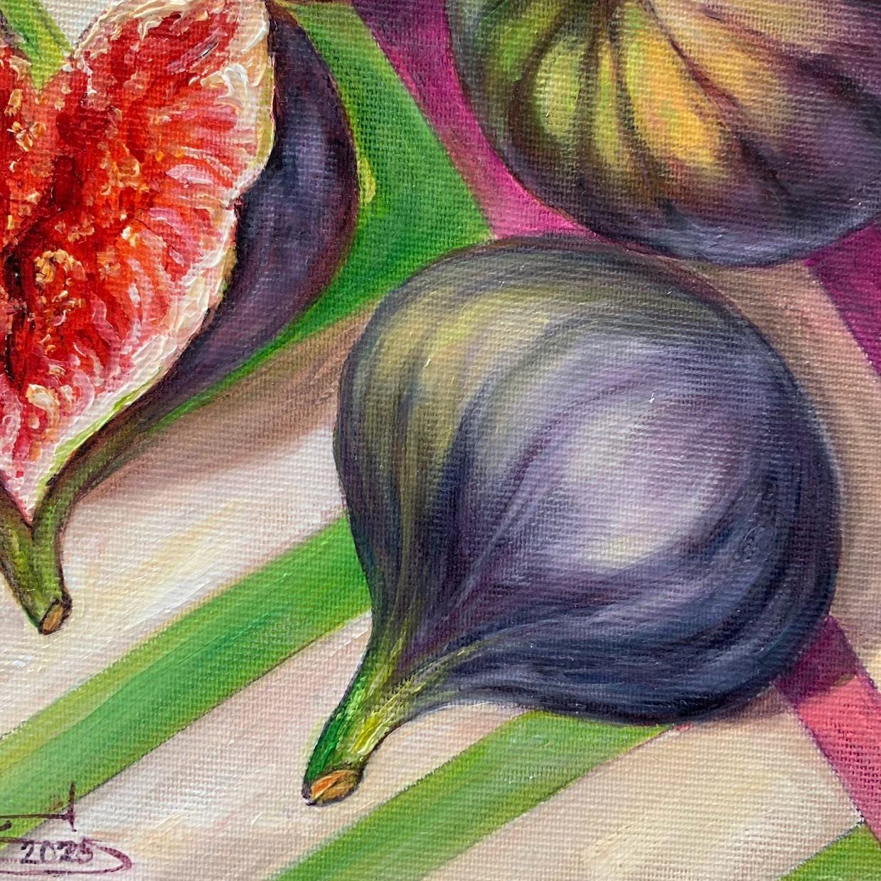 イチジクの油絵：オリジナルのフルーツ静物画、キッチンの壁アート