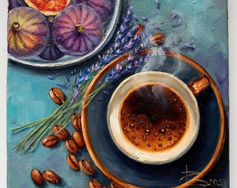 絵画。原画【コーヒーカップの熊ちゃんは喜んでコーヒーを飲みます】 独特な店 絵画 原画【コーヒーカップの熊ちゃんは喜んでコーヒー