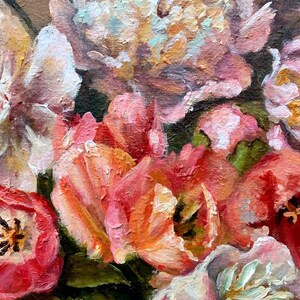 May include: A close-up of a still life painting featuring a bouquet of pink, white, and red flowers. The flowers are painted in a realistic style with visible brushstrokes. The painting is set against a dark background.