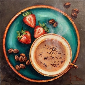 Tasse de café, café et fraises, bonheur du café du matin - Petite peinture à l&#39;huile d&#39;une illustration d&#39;art de tasse de café, peinture à l&#39;huile originale