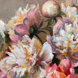 May include: A close-up of a painting of pink, white, and peach peonies. The flowers are arranged in a bouquet and are painted in a realistic style.