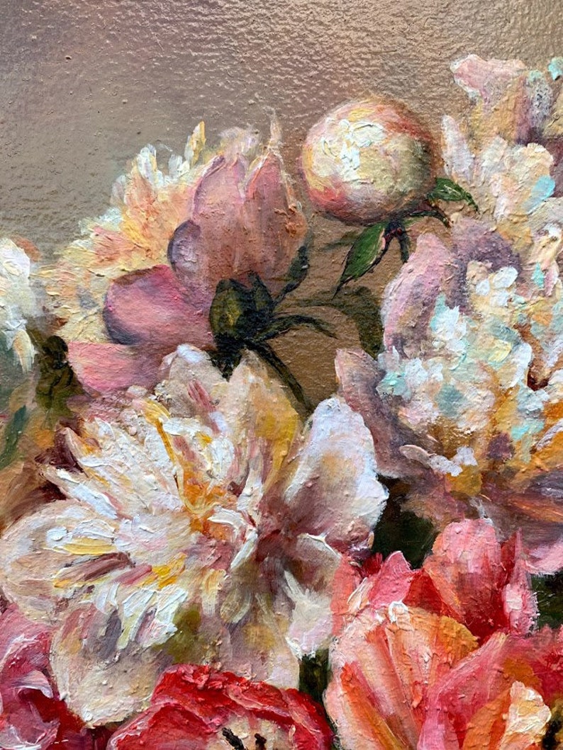 May include: A close-up of a painting of pink, white, and peach peonies. The flowers are arranged in a bouquet and are painted in a realistic style.