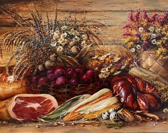 Still life with corn and plums Oil painting Still life with bread Still life with food Classical painting Wall art Rustic still life