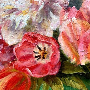 May include: A close-up of a painting of pink and red flowers with green leaves. The flowers are painted in a realistic style with visible brushstrokes.