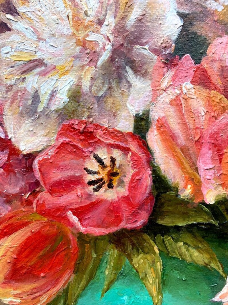 May include: A close-up of a painting of pink and red flowers with green leaves. The flowers are painted in a realistic style with visible brushstrokes.