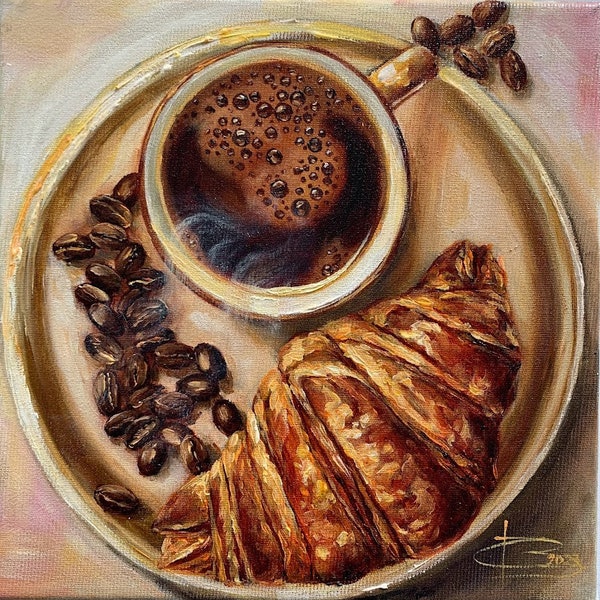 Kaffee Kunst Tasse сoffee Сroissant Morgenkaffee Kunst Illustration Liebhaber Geschenk Original impressionistisch Ölgemälde Original