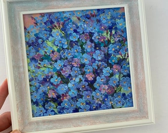 Forget-Me-Not Oil Painting: Miniature Floral Art, 6x6" Canvas