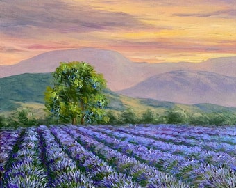 Lavender field Lavender Lavender and Provence lavender landscape Sunset sunset and mountains gift for her Wall art lavender painting