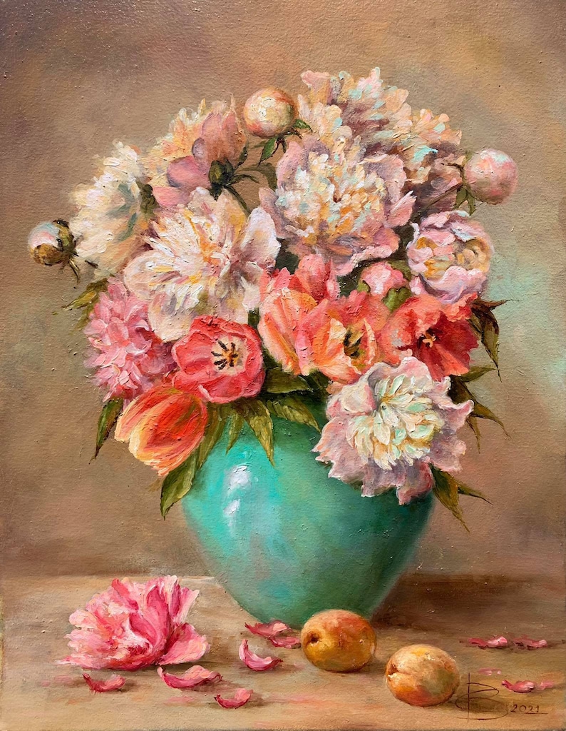 May include: A still life painting of a bouquet of pink and white peonies and orange tulips in a turquoise vase. The vase is sitting on a table with two peaches and some petals scattered around it.