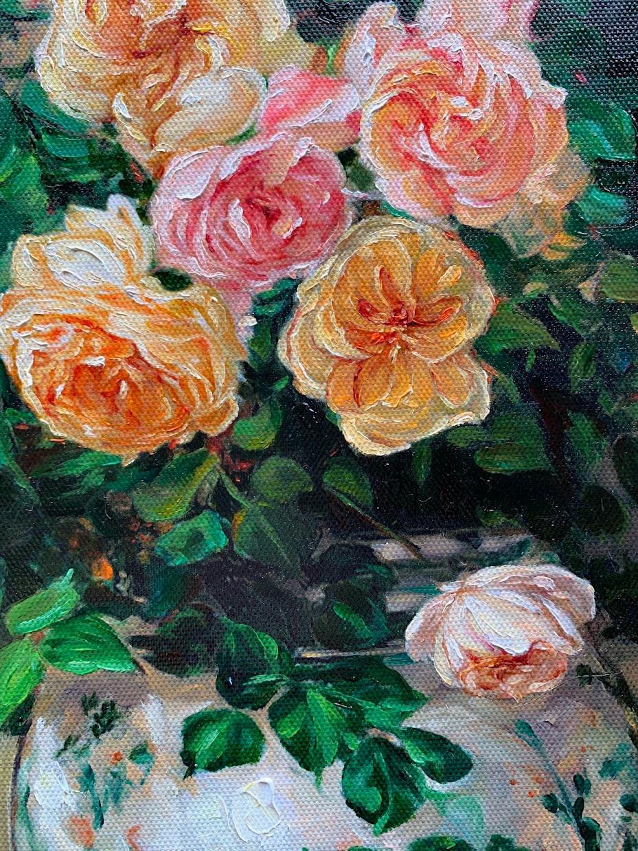 中国の花瓶に描かれたバラの油絵：花の静物画 - Etsy 日本