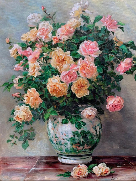 中国の花瓶に描かれたバラの油絵：花の静物画 - Etsy 日本