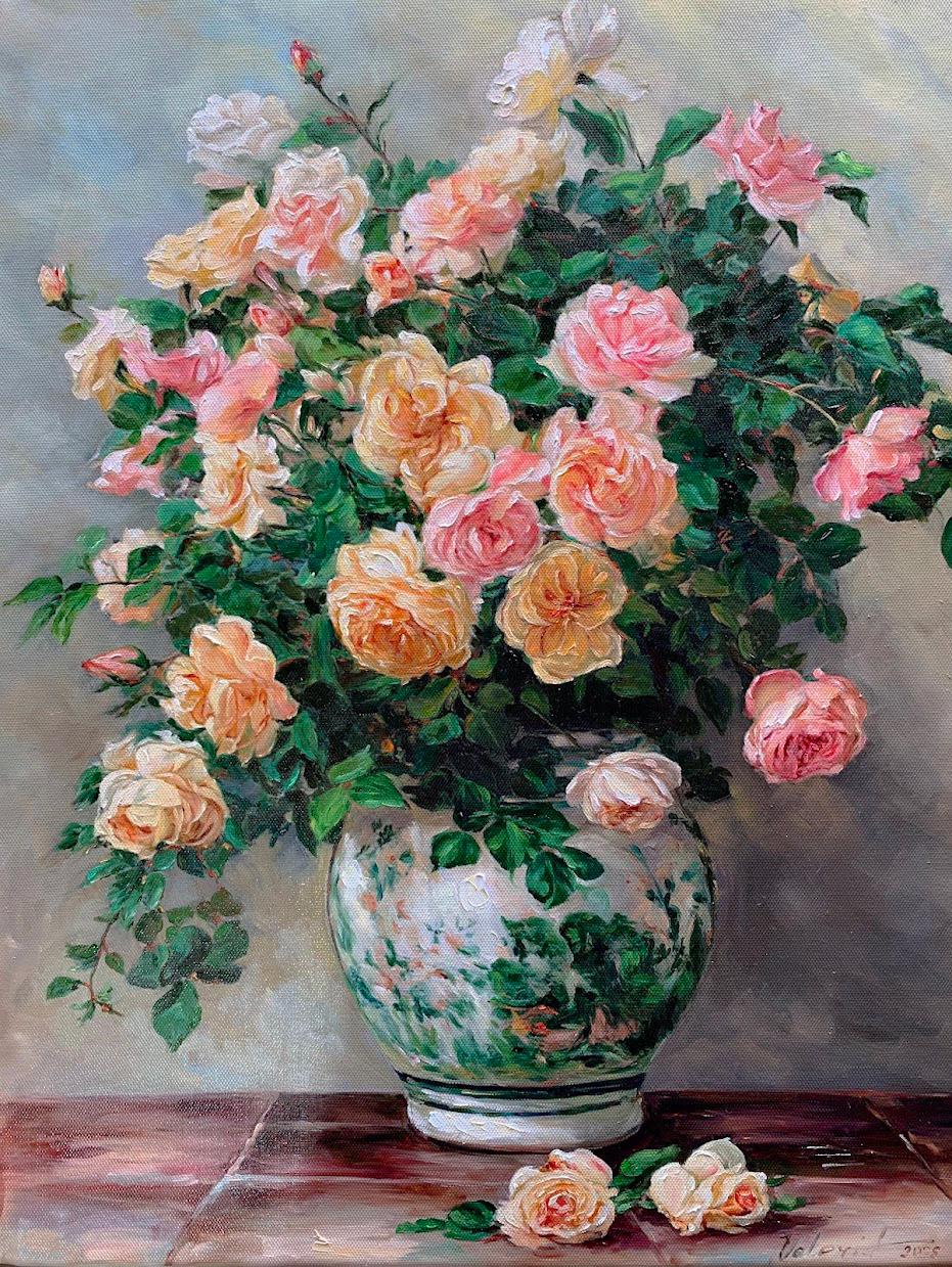 中国の花瓶に描かれたバラの油絵：花の静物画 - Etsy 日本