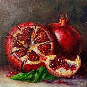 Pomegranate Oil Painting: Small Impressionistic Canvas Art, Fruit Delight