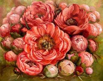 Coral Charm Peonies Oil Painting: Floral Still Life Canvas Art