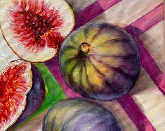 イチジクの油絵：オリジナルのフルーツ静物画、キッチンの壁アート