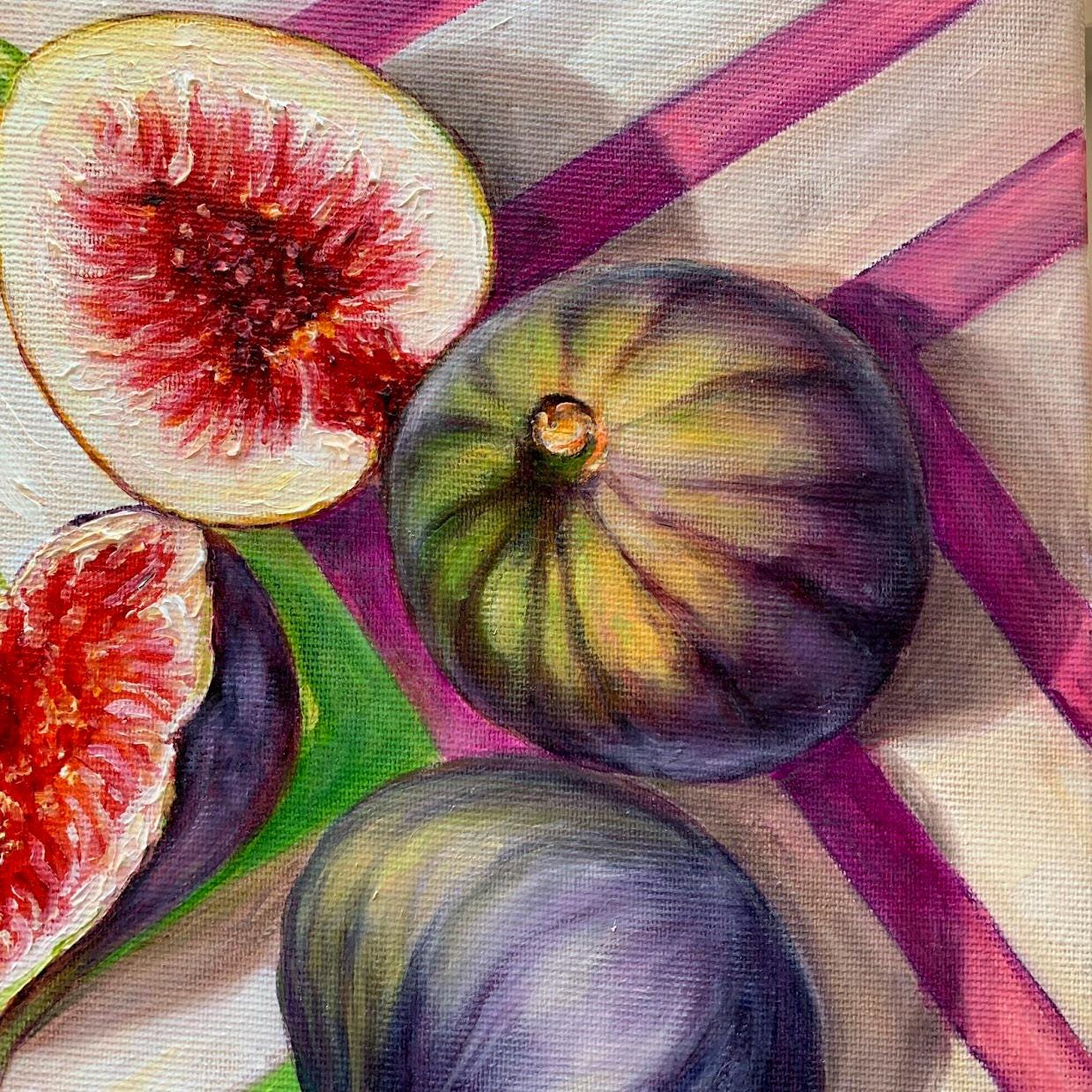 油彩画/イチジク イチジクの油絵：オリジナルのフルーツ静物画、キッチンの壁アート